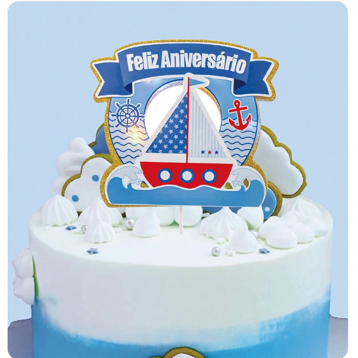 Topo Bolo Feliz Aniversario Barco com Luz